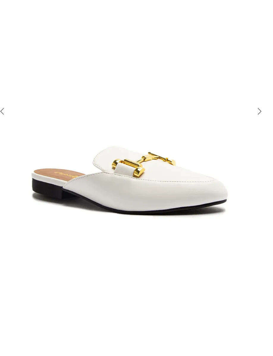 Clara Gold Buckle Mules - White