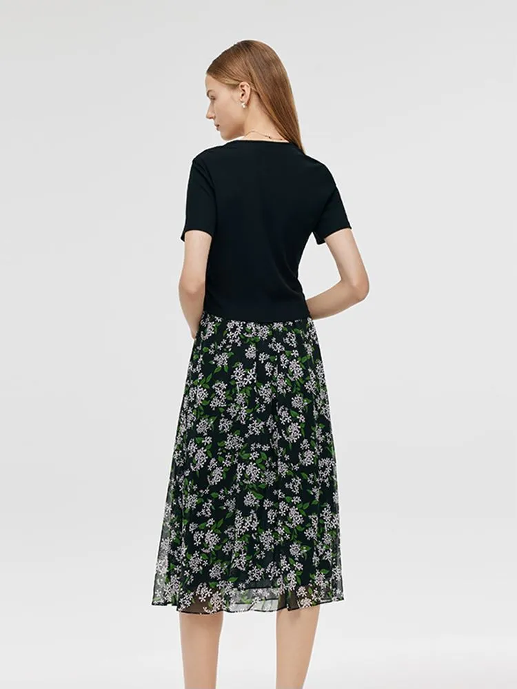 Drawstring Waist Knit Top And Printed Skirt Two-Piece Set