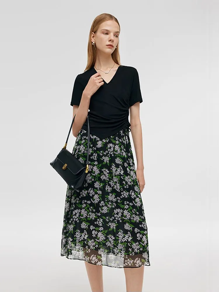 Drawstring Waist Knit Top And Printed Skirt Two-Piece Set