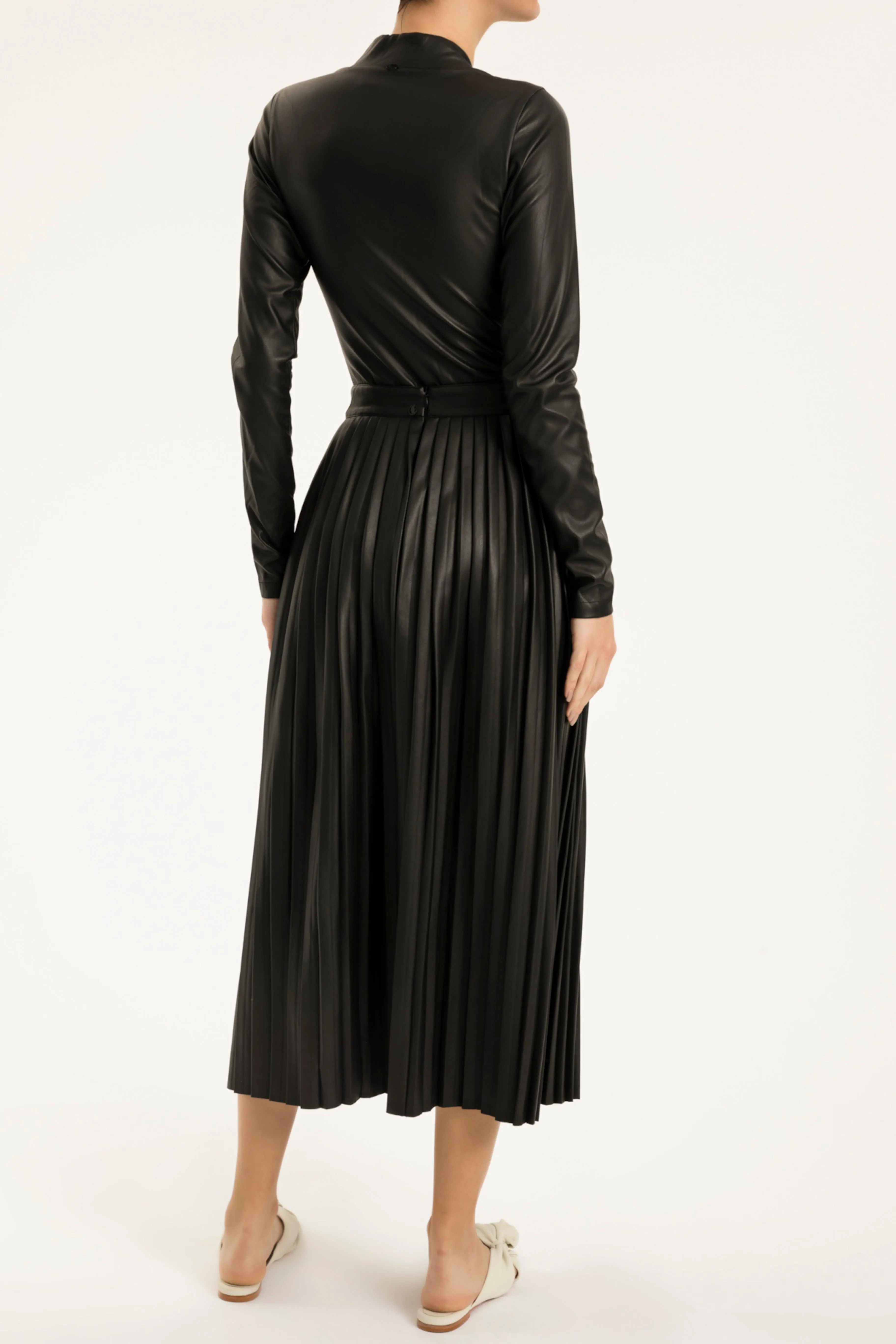 Faux Leather Pleated Midi Skirt