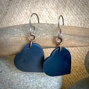 Fun Dangly Shungite Heart Earrings, Mixed Metal, Titanium Ear Wires