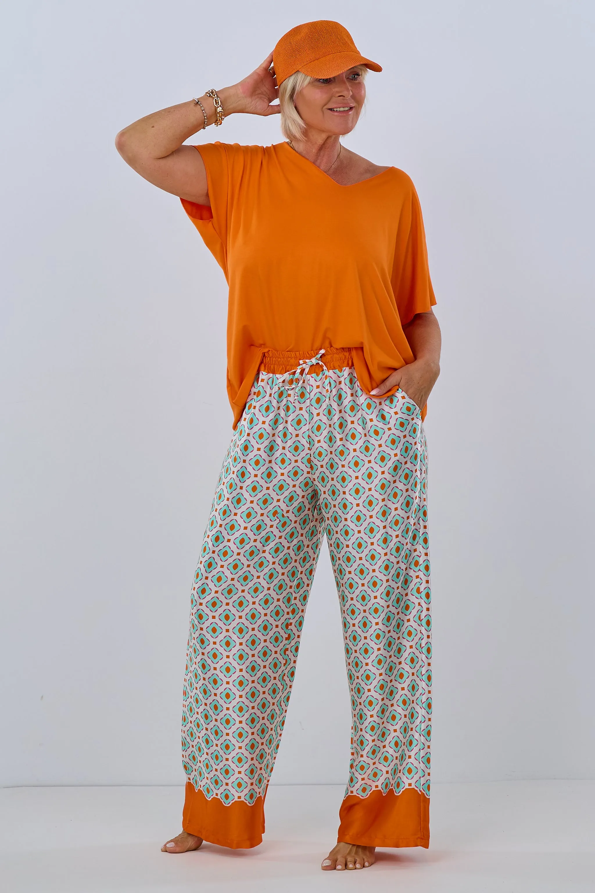 gemusterte Hose im Marlene Style, ecru-orange-mint