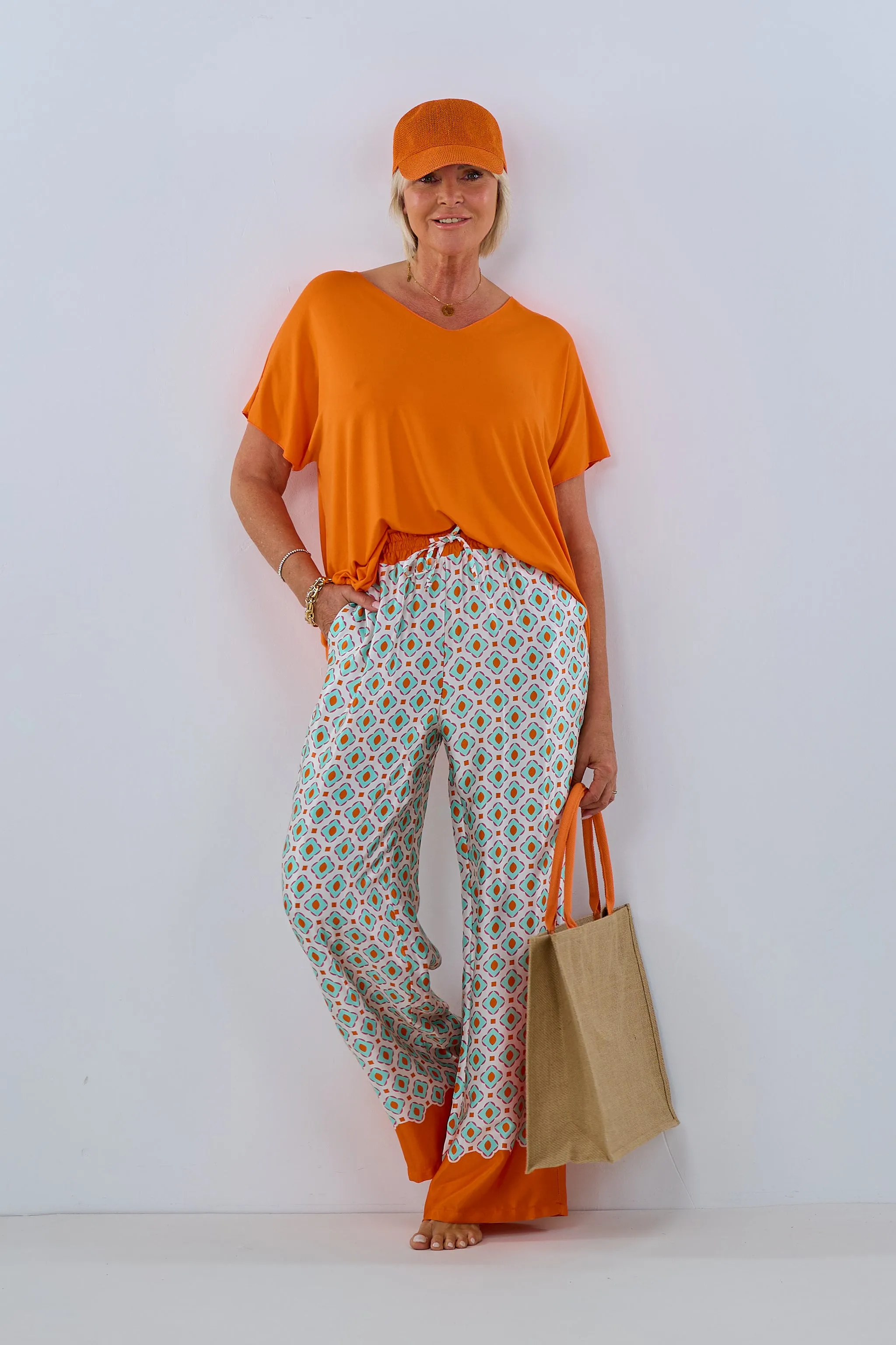 gemusterte Hose im Marlene Style, ecru-orange-mint