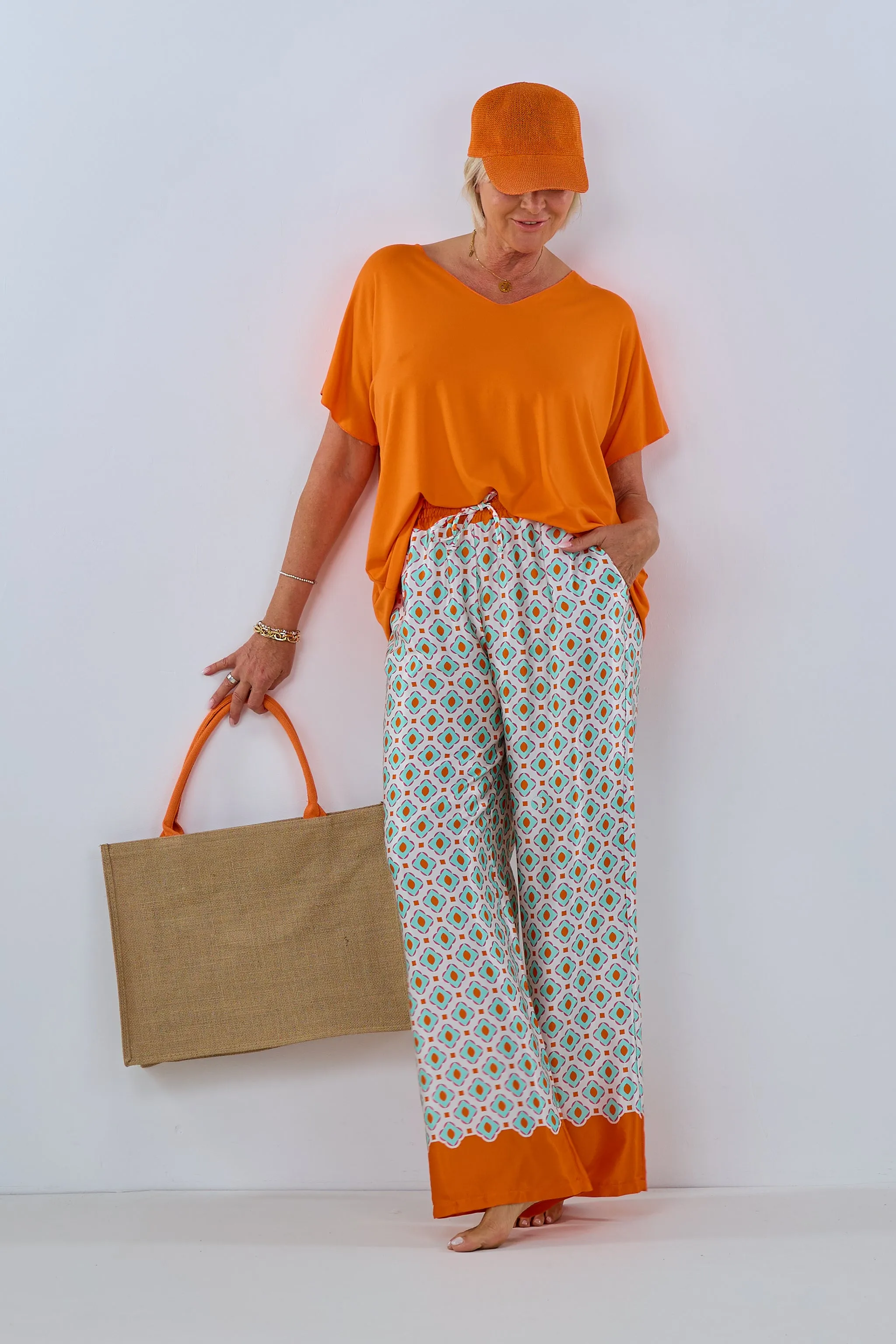 gemusterte Hose im Marlene Style, ecru-orange-mint