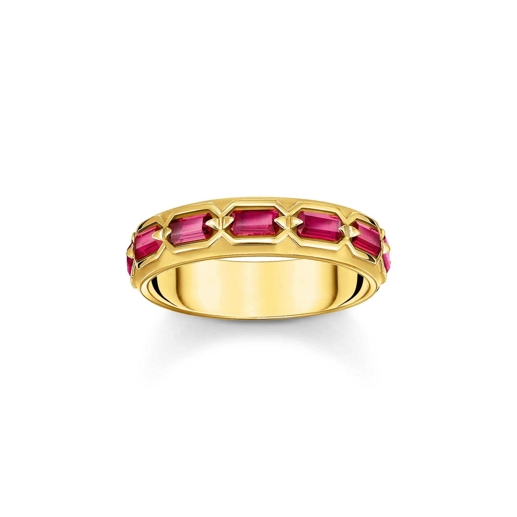 Gold plated band ring in Crocodile design with red stones