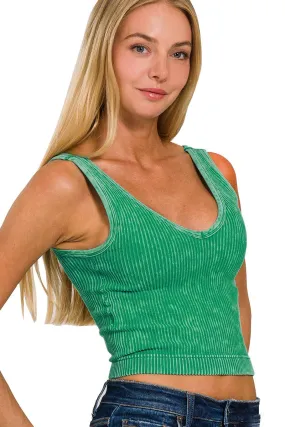 GREEN WASHED RIB CROP V NECK TANK W/ REMOVABLE BRA