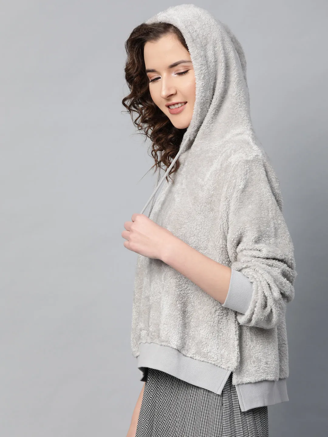 Grey Hooded Faux Fur Sweatshirt