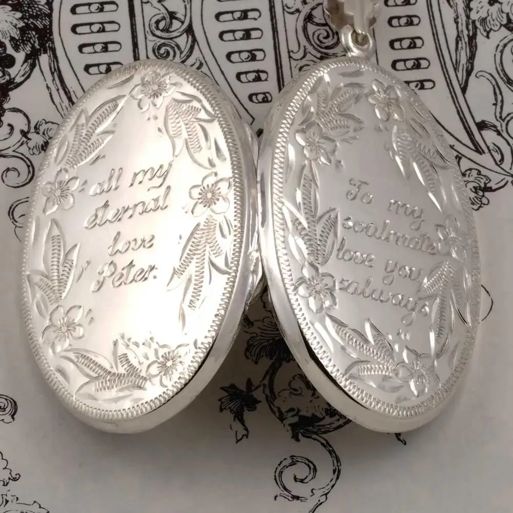 Hand Engraved Sterling Silver Large Oval Flower Design Locket