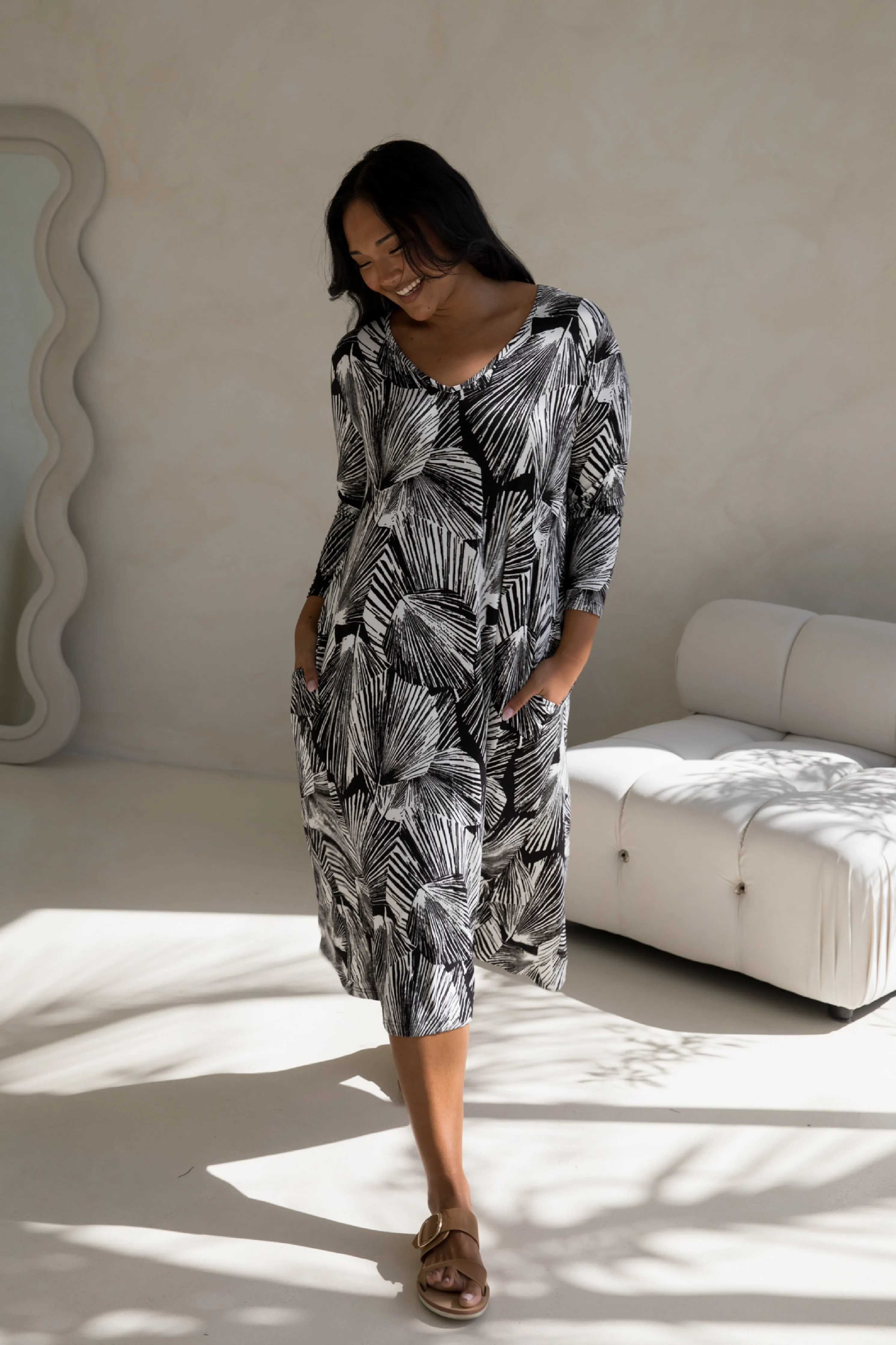 Long Sleeve T-Shirt Dress in Hunter Palm