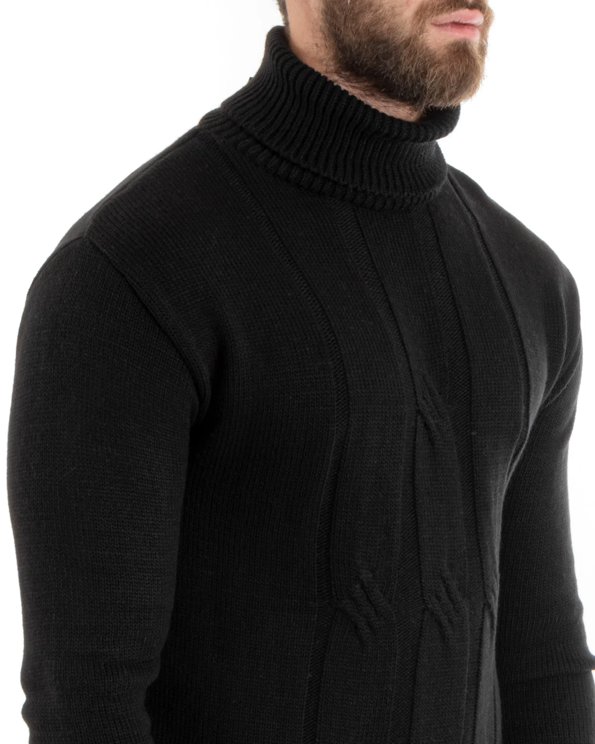 Maglioncino Uomo Collo Alto Maglia Inglese Con Trecce Nero Pullover Dolcevita GIOSAL-M2723A