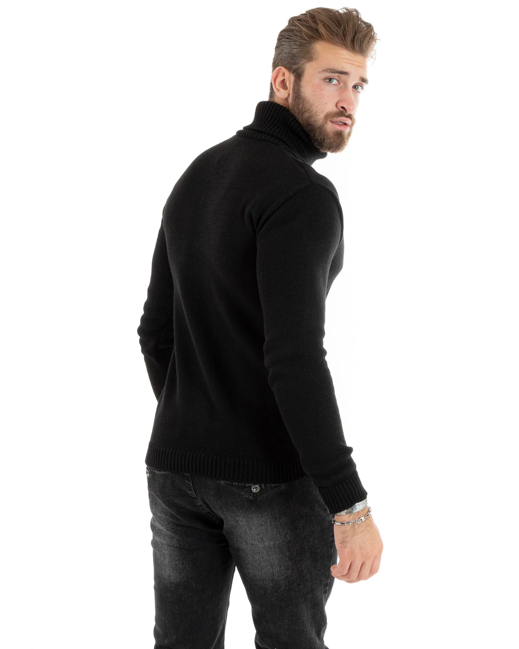 Maglioncino Uomo Collo Alto Maglia Inglese Con Trecce Nero Pullover Dolcevita GIOSAL-M2723A