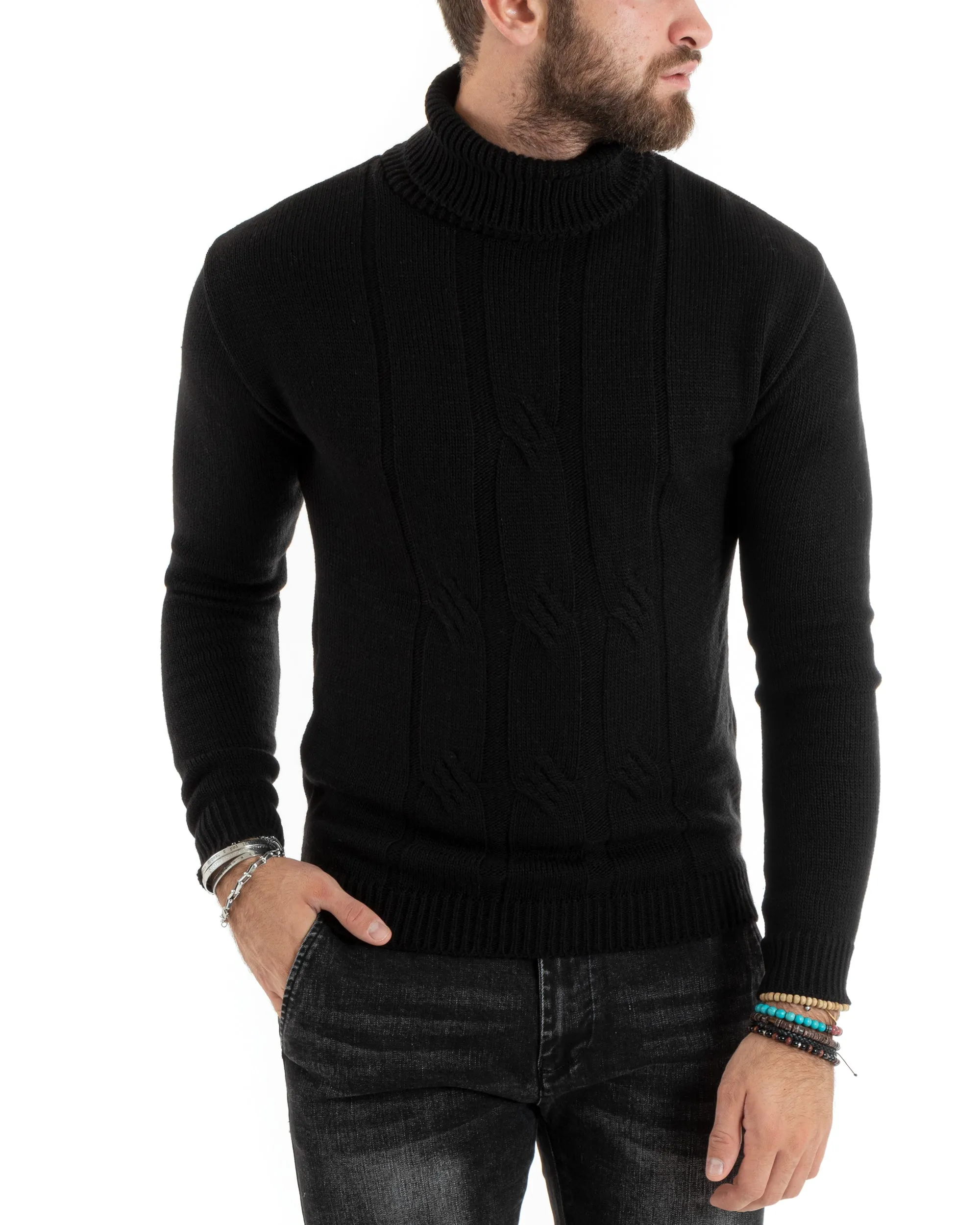 Maglioncino Uomo Collo Alto Maglia Inglese Con Trecce Nero Pullover Dolcevita GIOSAL-M2723A