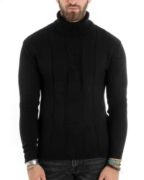 Maglioncino Uomo Collo Alto Maglia Inglese Con Trecce Nero Pullover Dolcevita GIOSAL-M2723A