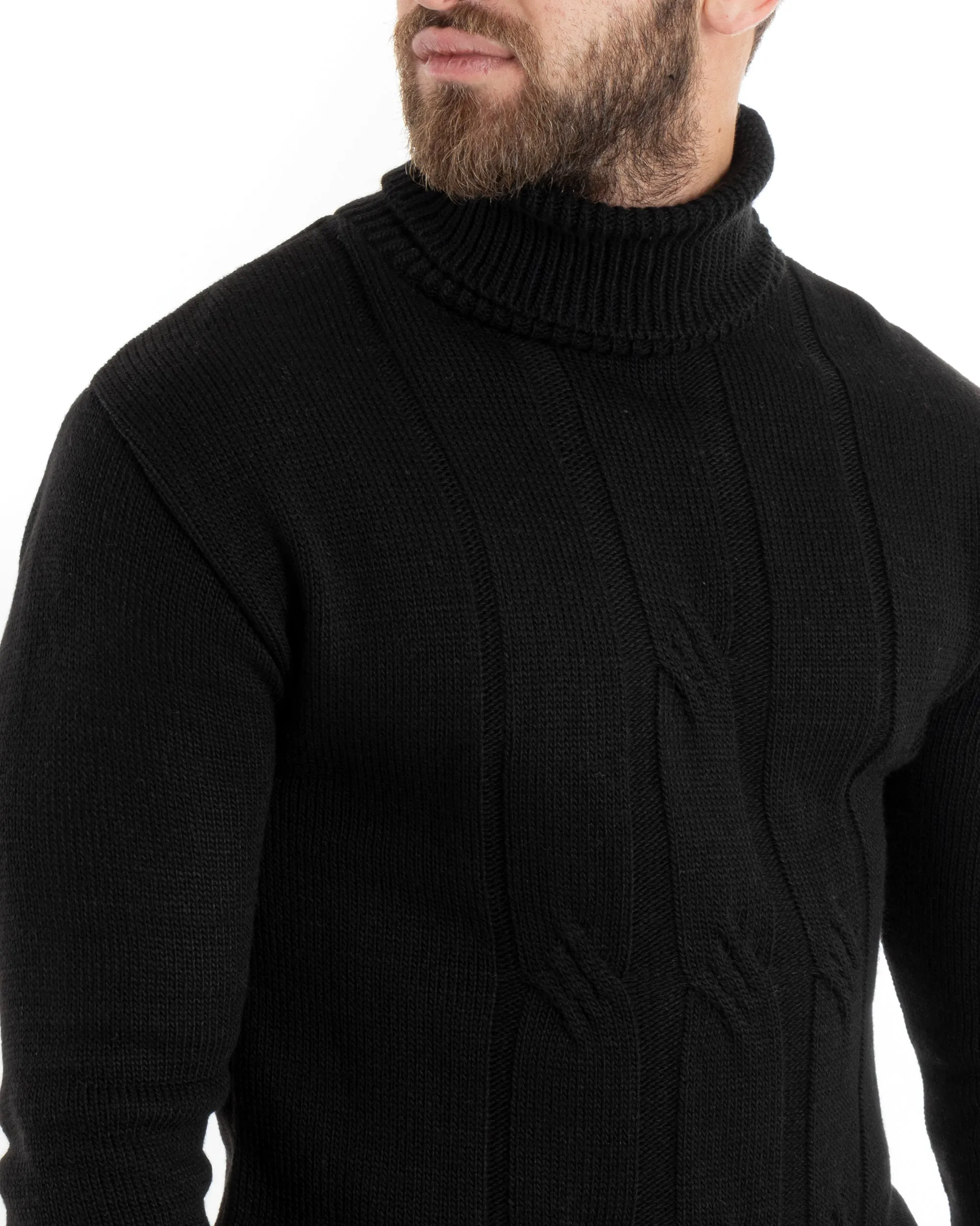 Maglioncino Uomo Collo Alto Maglia Inglese Con Trecce Nero Pullover Dolcevita GIOSAL-M2723A