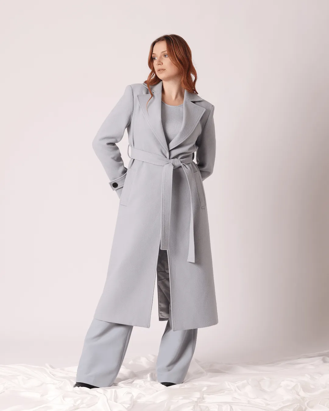 Manteau Long Avec Ceinture Bleu Ciel