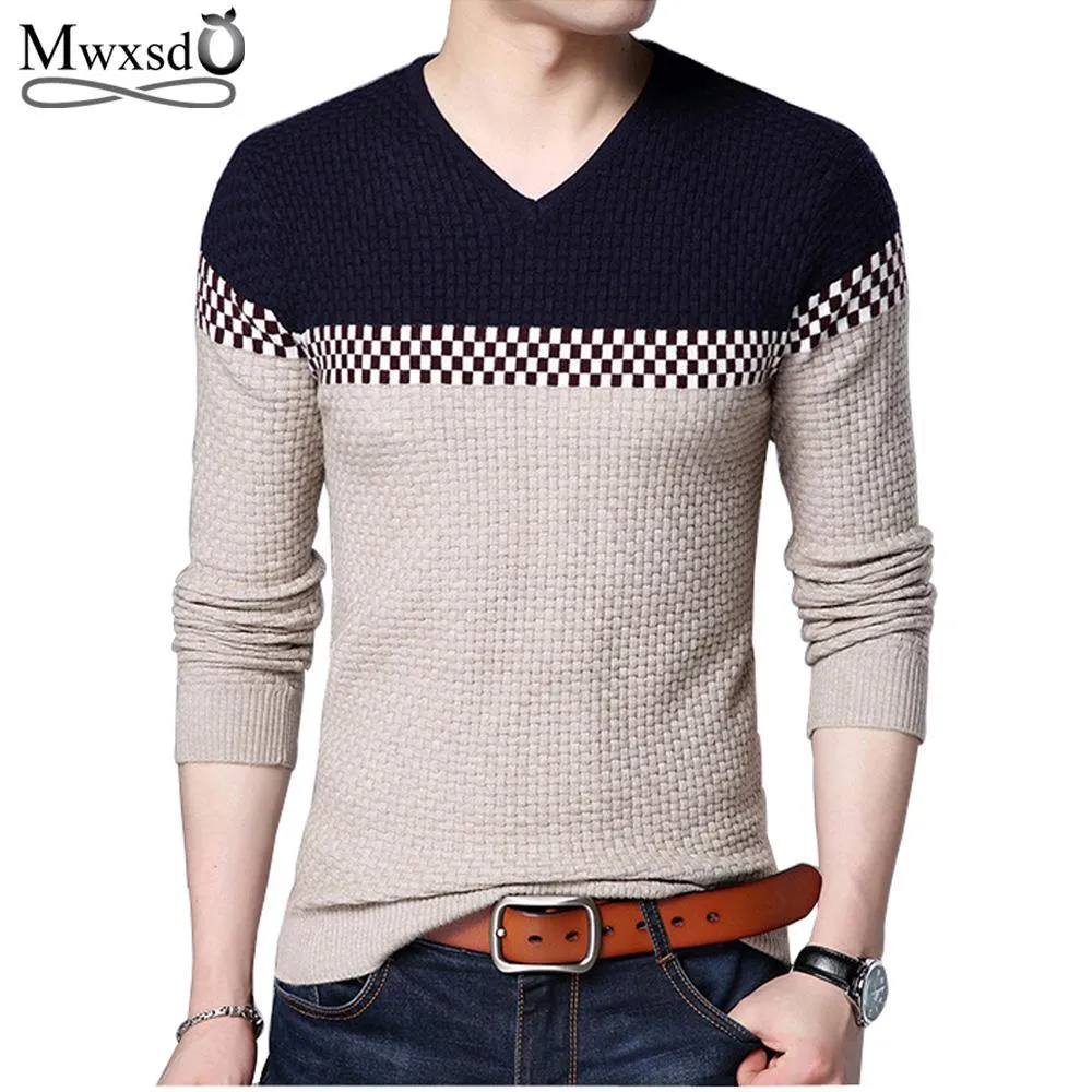 Mwxsd 2018 Winter New Arrivals Thick Warm Sweaters V-Neck  Wool Sweater Men Brand-Clothing Knitted Cashmere Pullover Men 66203