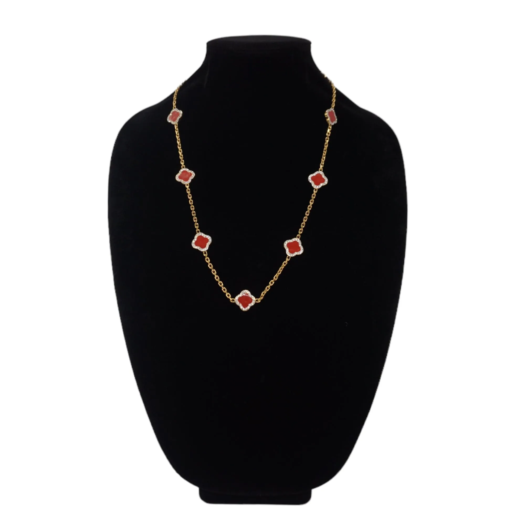 NECKLACE Gold Tone 9 Clover & Crystal - Rust Red