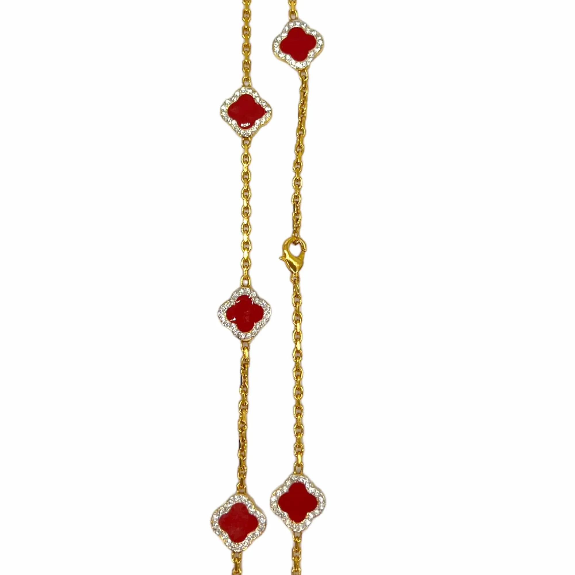 NECKLACE Gold Tone 9 Clover & Crystal - Rust Red