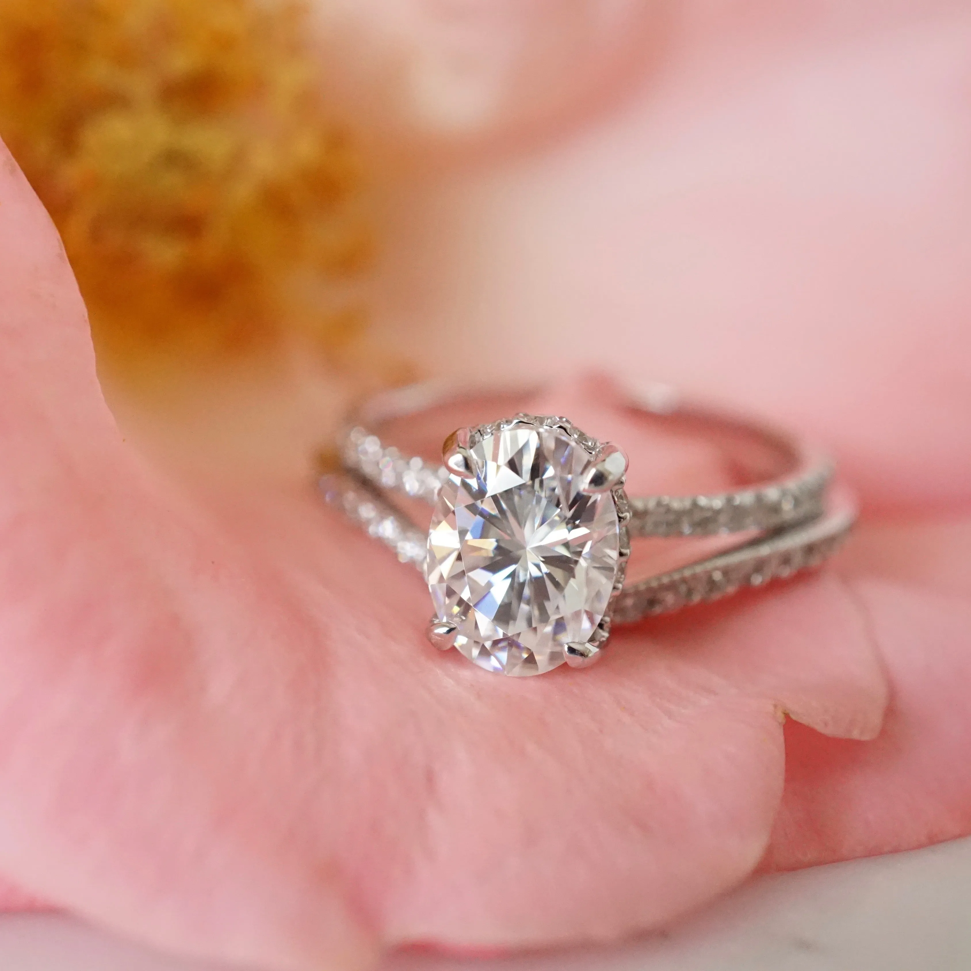 Oval Moissanite Engagement Ring - Unique Oval Moissanite Ring with Hidden Halo - Moissanite Engagement Ring - Diamond Alternative Ring