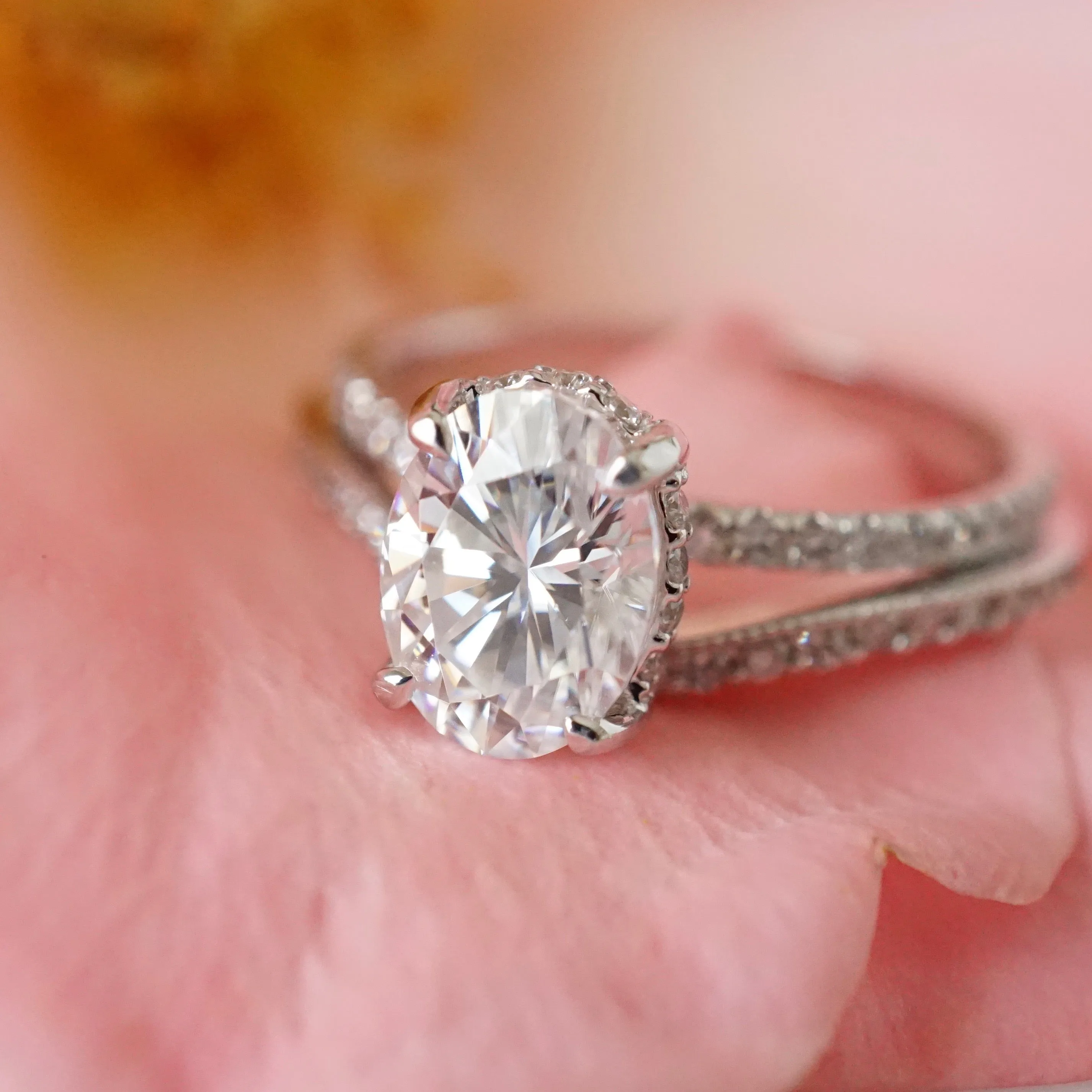 Oval Moissanite Engagement Ring - Unique Oval Moissanite Ring with Hidden Halo - Moissanite Engagement Ring - Diamond Alternative Ring