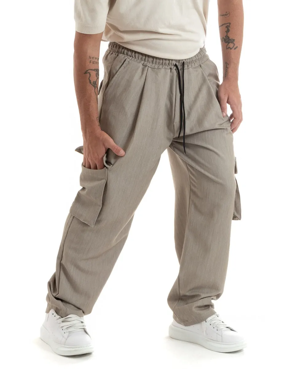 Pantaloni Uomo Baggy Lungo Pantalaccio Fondo Largo Cargo Tasconi Beige Melangiato GIOSAL-P5919A