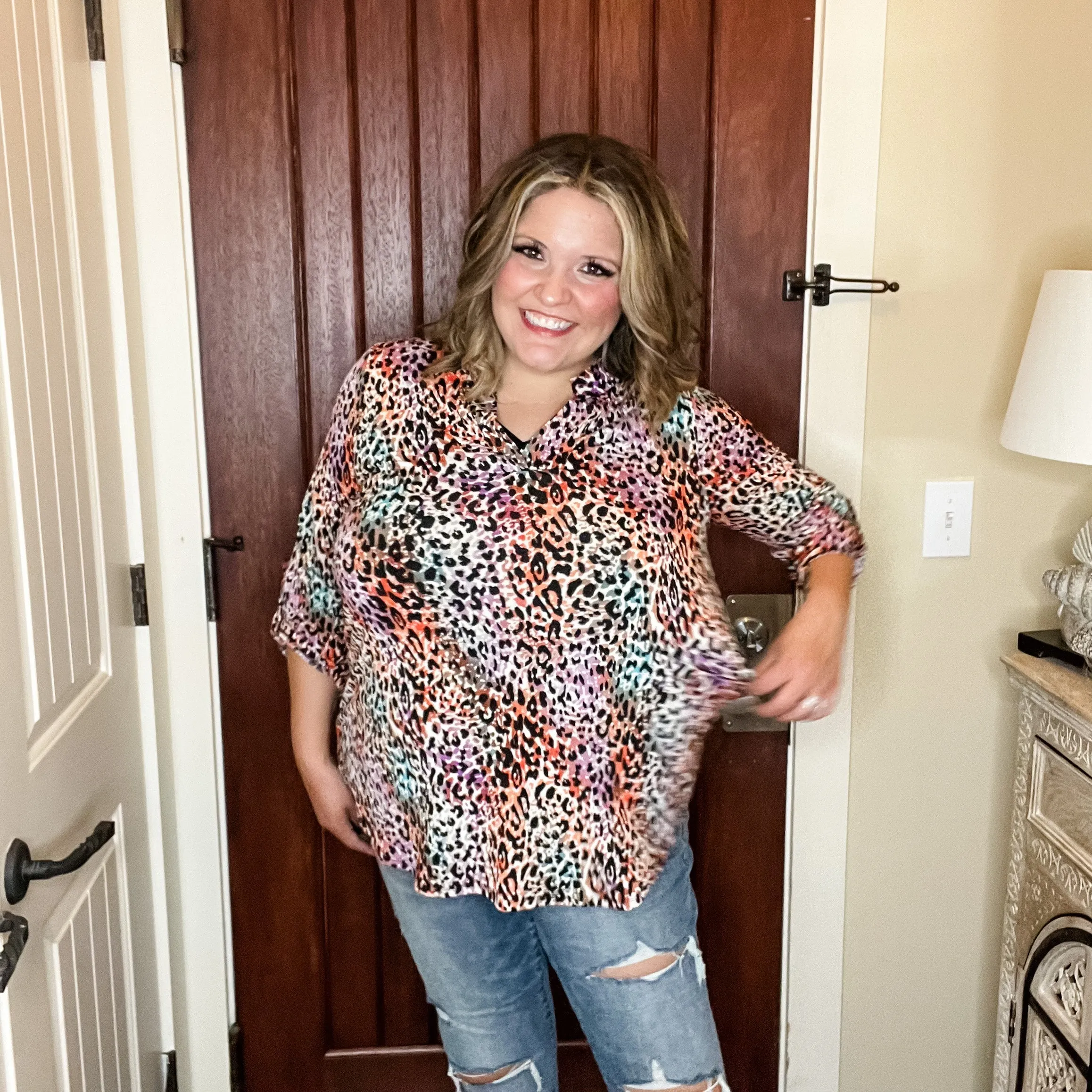 "Freshman" Animal Print Lizzy 3/4 Sleeve Split Neck