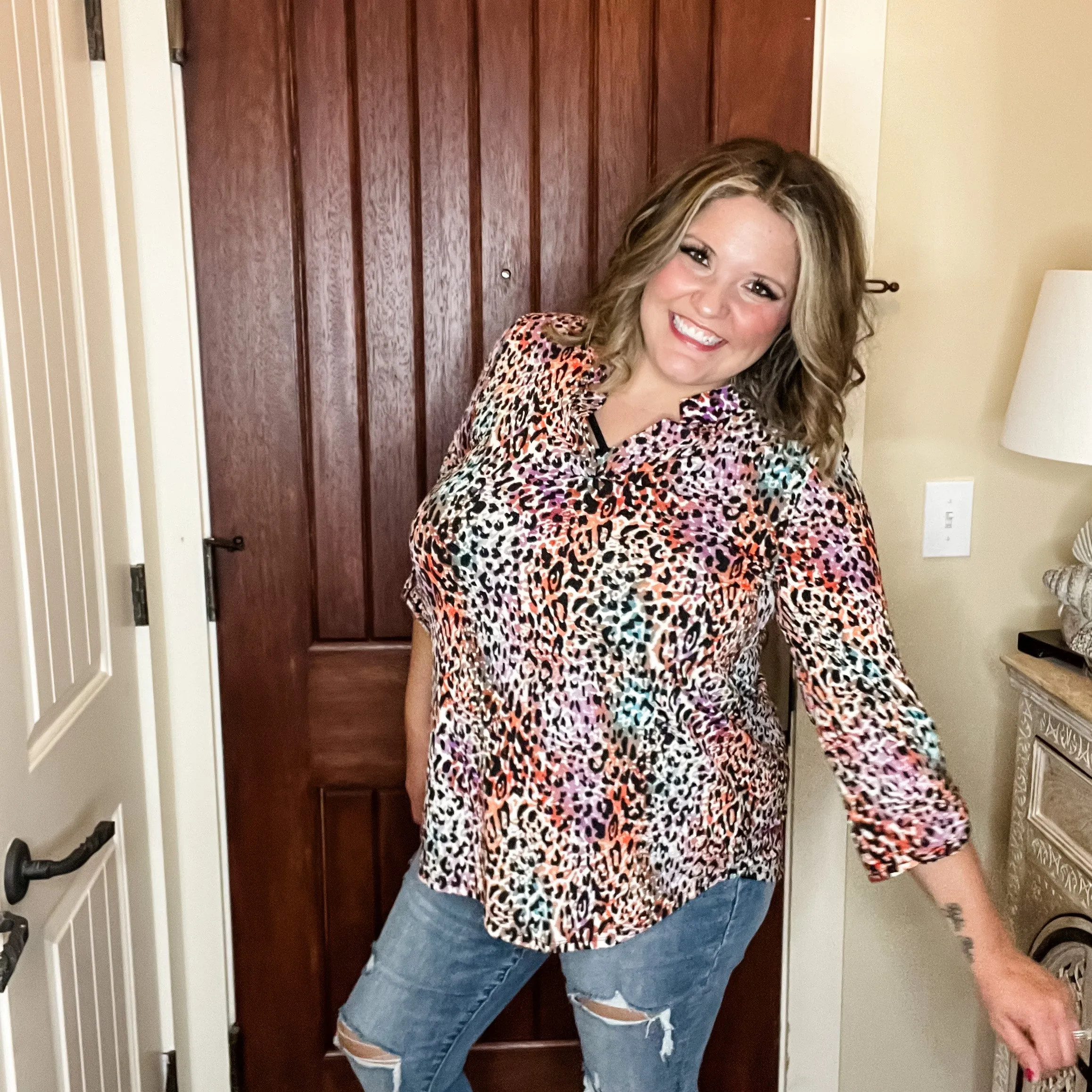 "Freshman" Animal Print Lizzy 3/4 Sleeve Split Neck