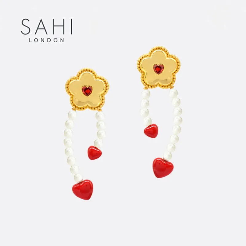 Sahi Little Red Flower Red Heart Hoop Earrings