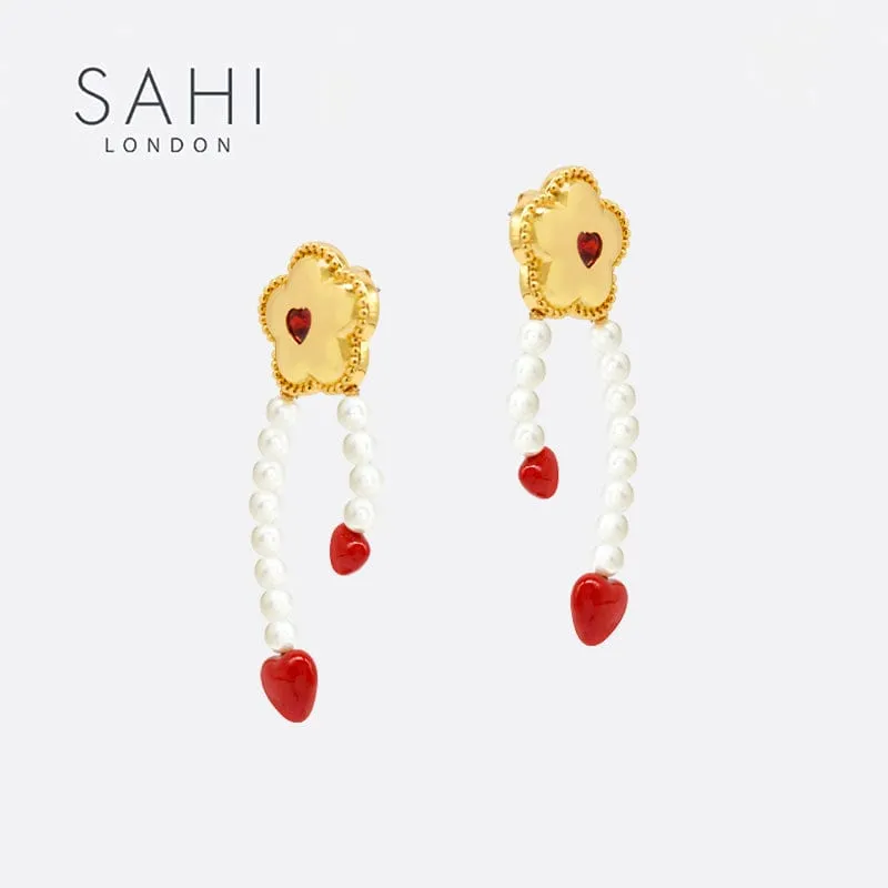 Sahi Little Red Flower Red Heart Hoop Earrings