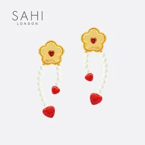 Sahi Little Red Flower Red Heart Hoop Earrings