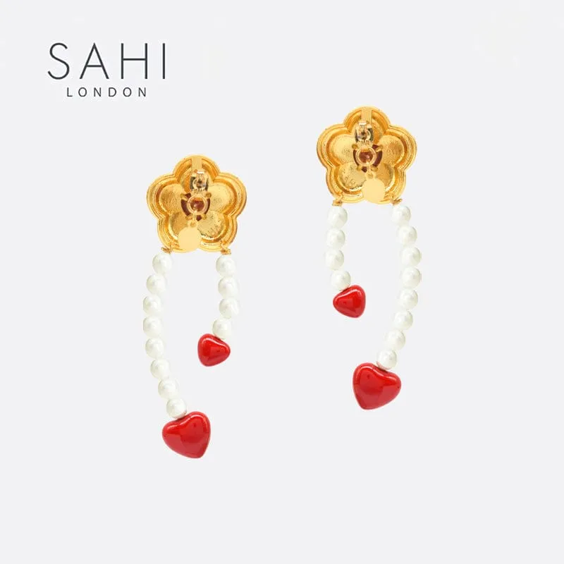 Sahi Little Red Flower Red Heart Hoop Earrings