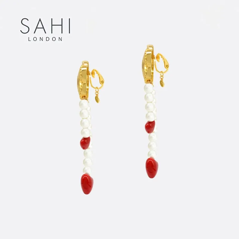 Sahi Little Red Flower Red Heart Hoop Earrings