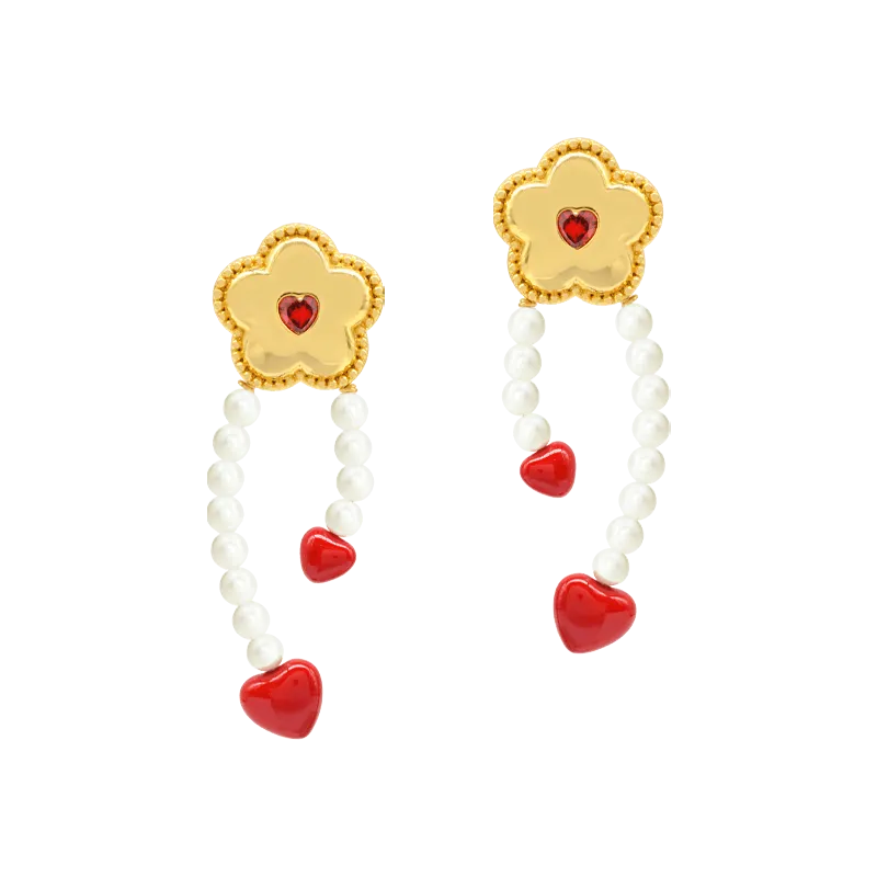 Sahi Little Red Flower Red Heart Hoop Earrings