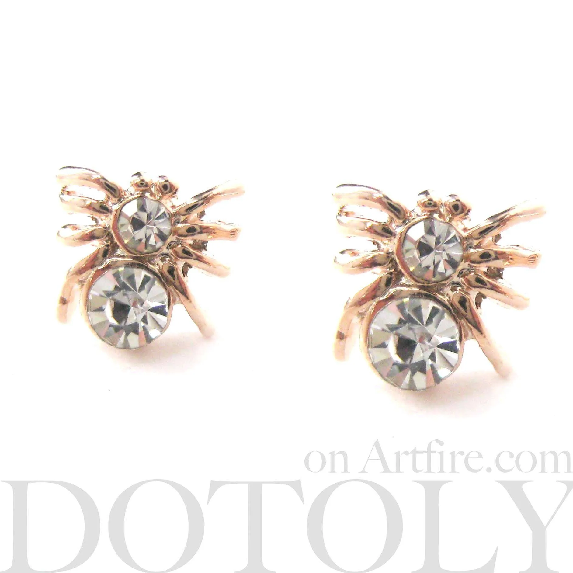 Tiny Tarantula Spider Shaped Stud Earrings in Rose Gold with Rhinestones